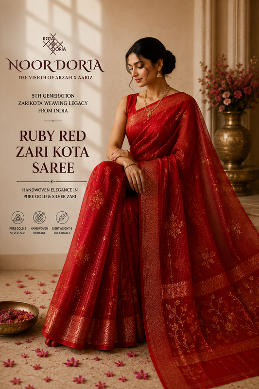 Premium Handwoven Zari Kota Saree – Ruby Red Floral Jaal