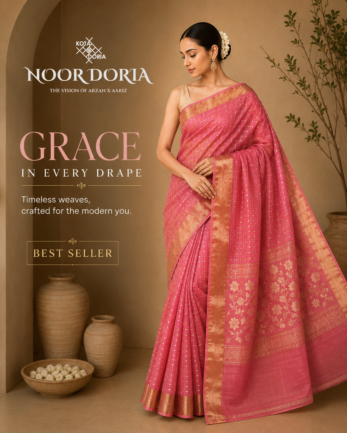 Noor Doria Premium Pink Zari Kota Saree with Floral Pallu & Gold Zari Border