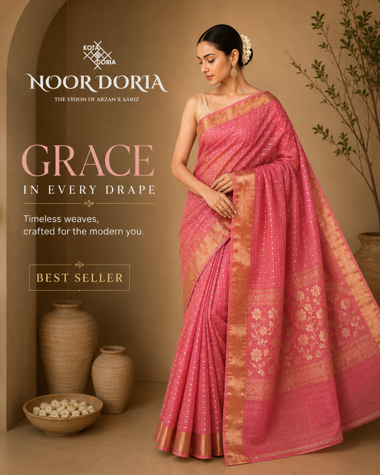 Noor Doria Premium Pink Zari Kota Saree with Floral Pallu & Gold Zari Border