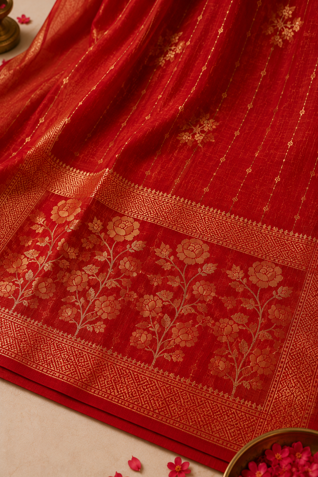 Premium Handwoven Zari Kota Saree – Ruby Red Floral Jaal