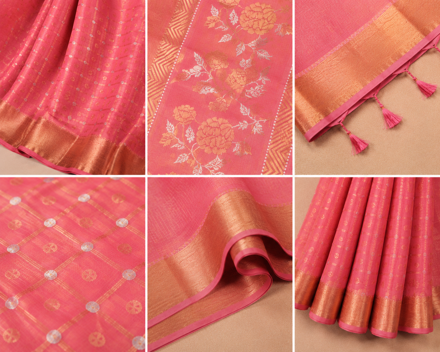 Noor Doria Premium Pink Zari Kota Saree with Floral Pallu & Gold Zari Border