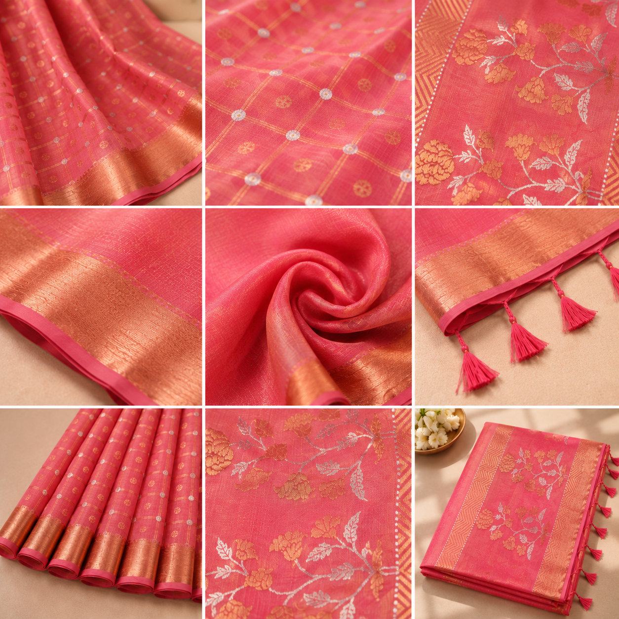 Noor Doria Premium Pink Zari Kota Saree with Floral Pallu & Gold Zari Border