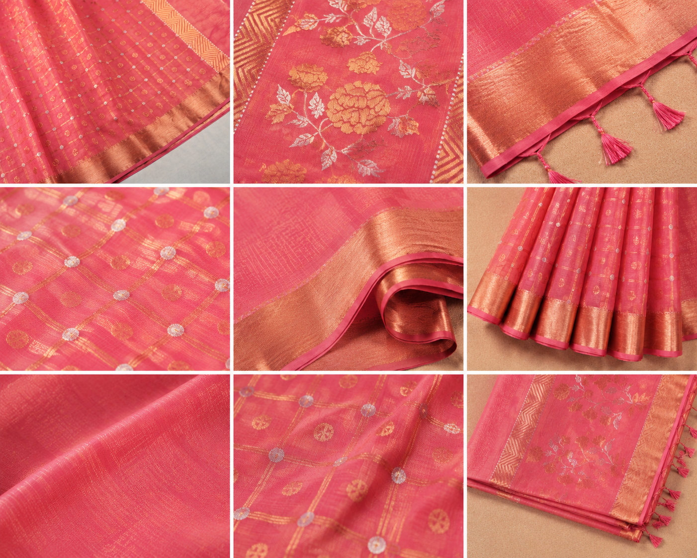 Noor Doria Premium Pink Zari Kota Saree with Floral Pallu & Gold Zari Border
