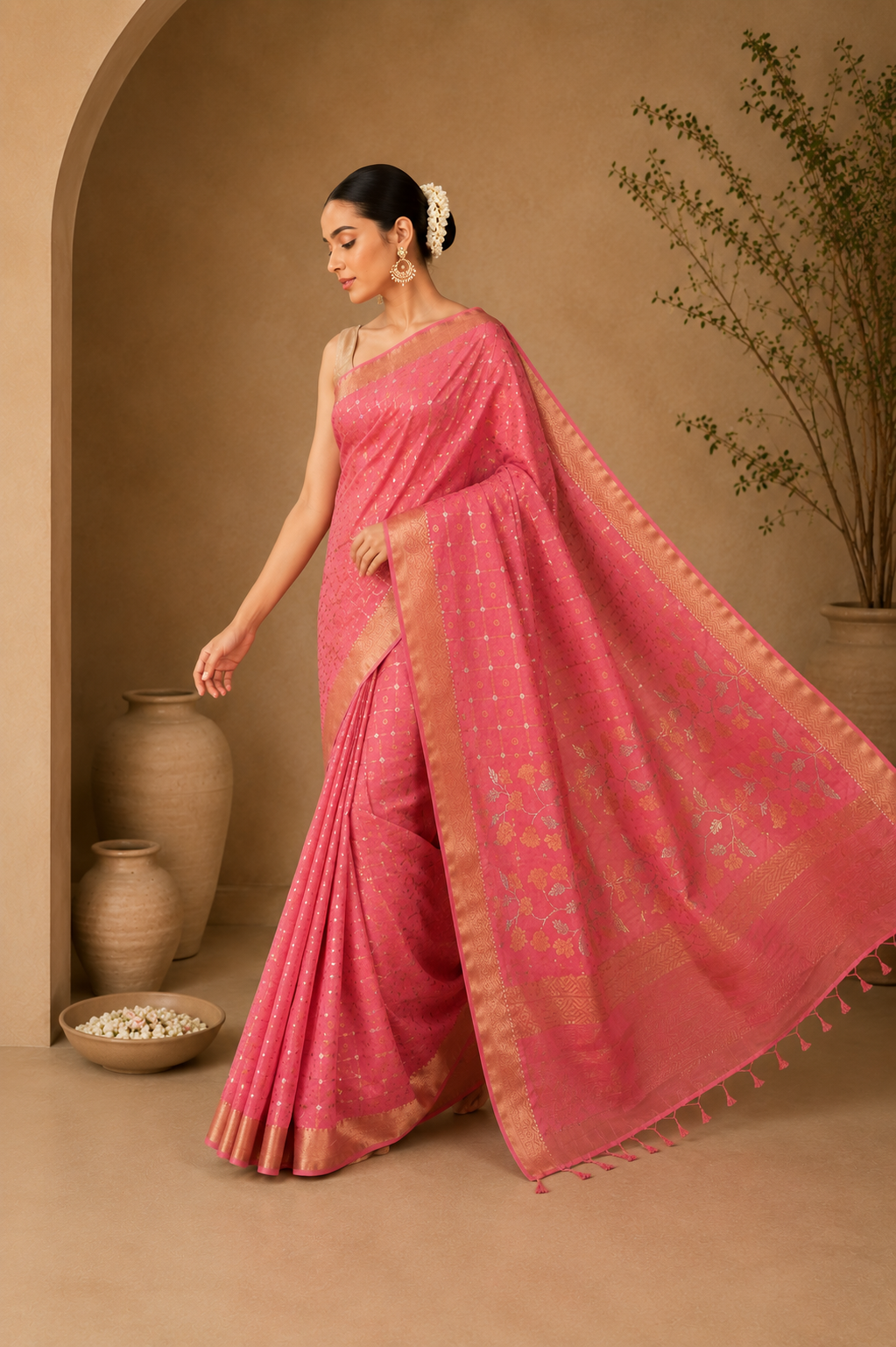 Noor Doria Premium Pink Zari Kota Saree with Floral Pallu & Gold Zari Border