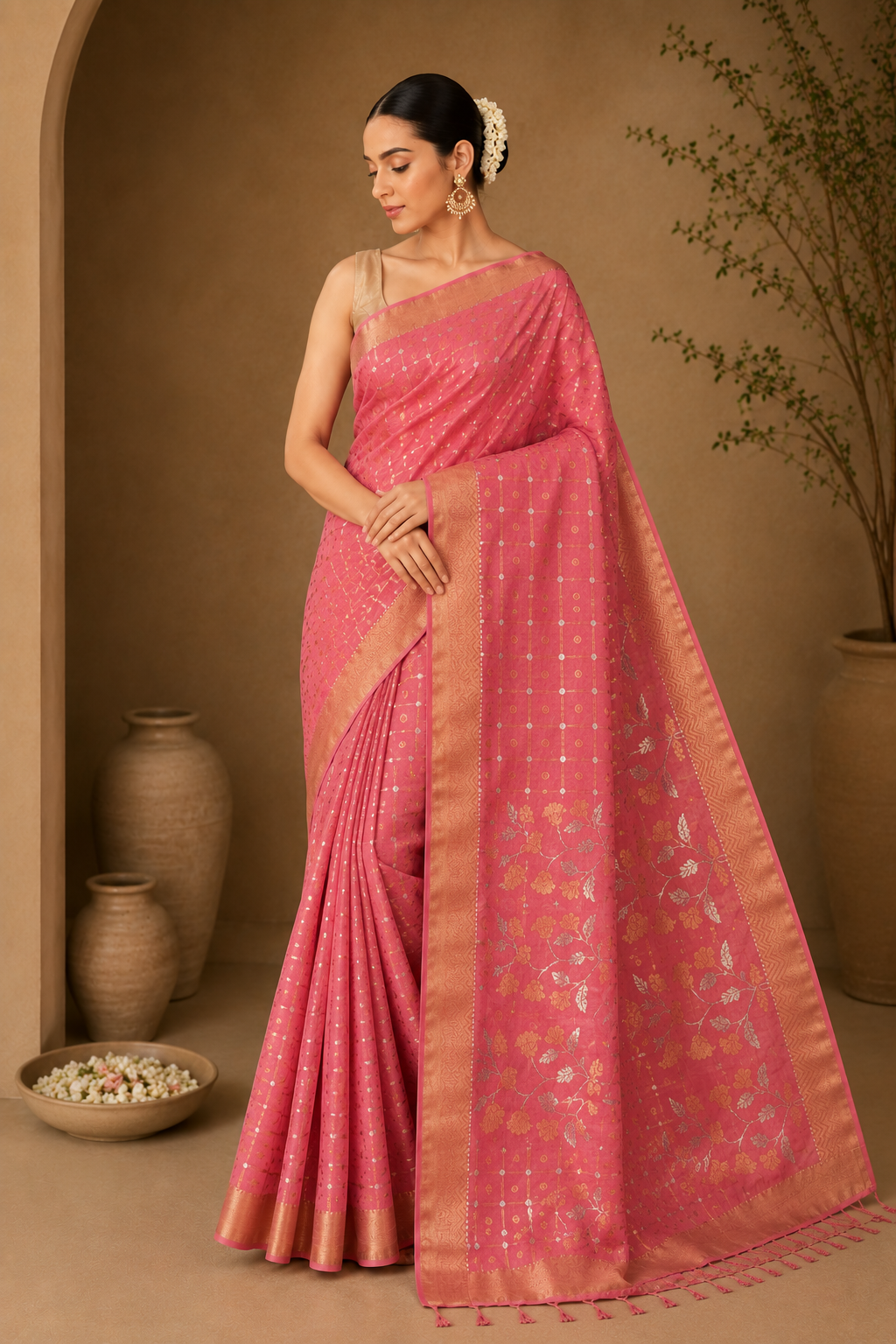 Noor Doria Premium Pink Zari Kota Saree with Floral Pallu & Gold Zari Border