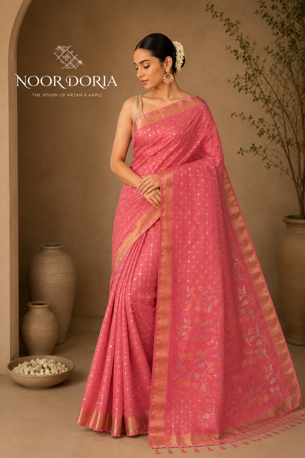 Noor Doria Premium Pink Zari Kota Saree with Floral Pallu & Gold Zari Border